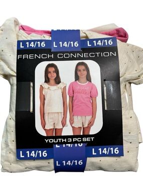 French Connection Yourh Kids 3-Piece Tee Set - Pink & Tan Size L 14/16 NWT